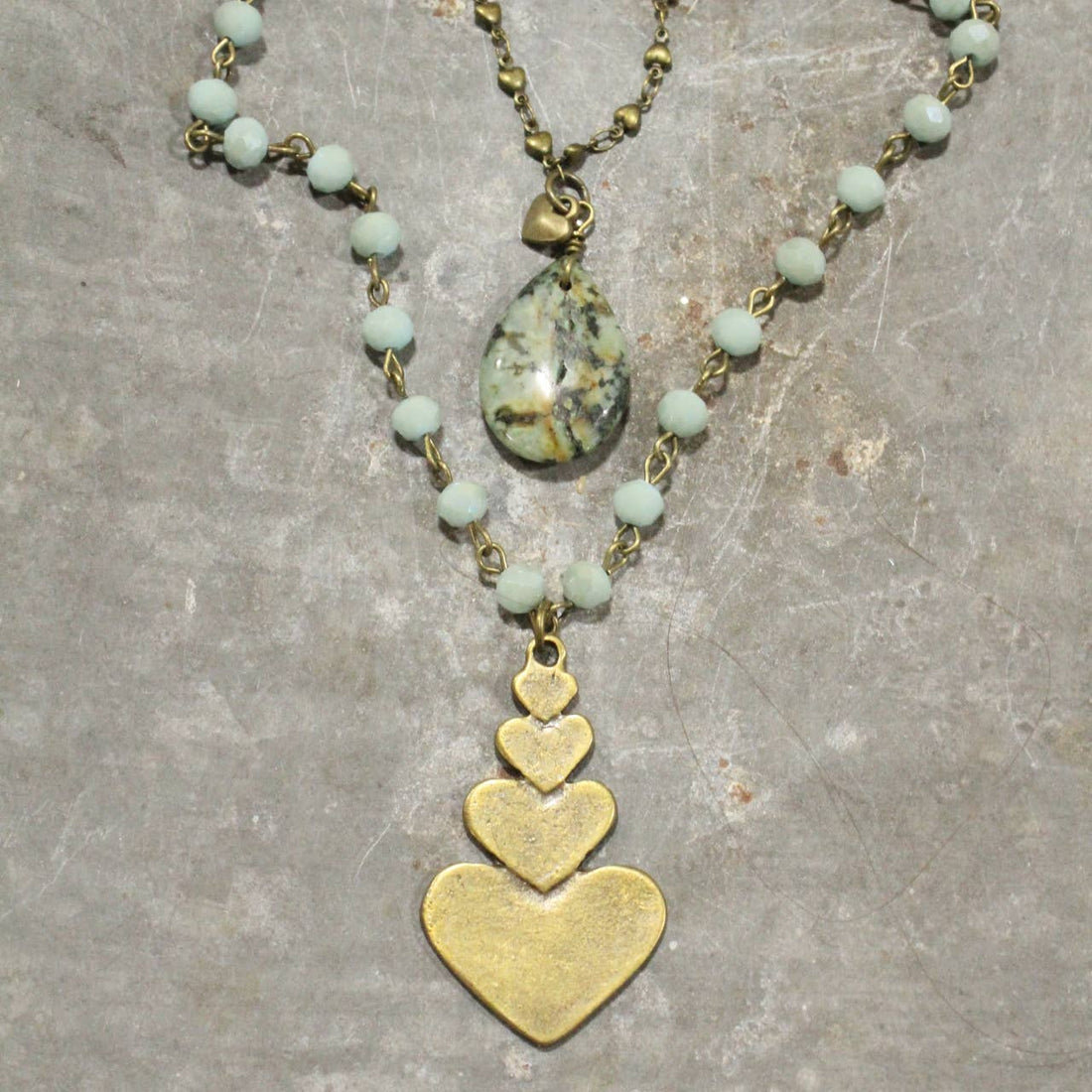 The Primitive Peddler, Inc. - Double Layered Stone &amp; Bronze Heart Drop Necklace
