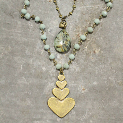 The Primitive Peddler, Inc. - Double Layered Stone &amp; Bronze Heart Drop Necklace