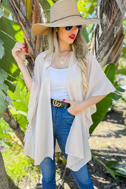 AMOLI - Beige Solid Chiffon Ruffled Sleeve Kimono Cover Up