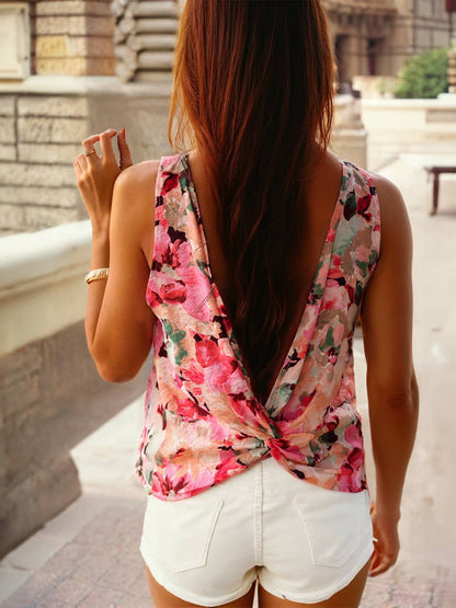 1 the Woman - Floral Round Neck Twisted Cut Out Back Tank Top