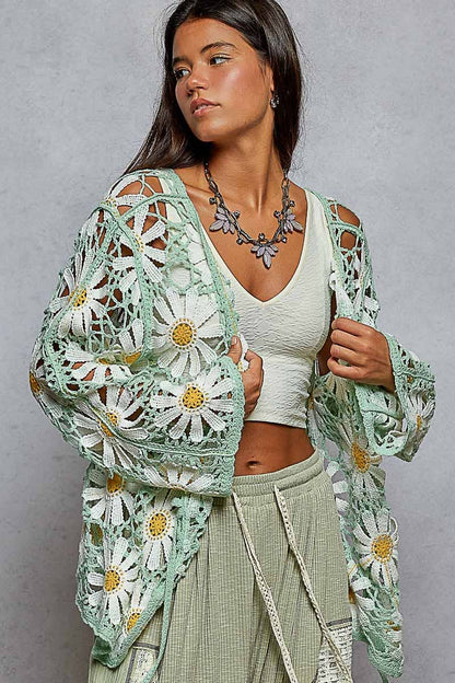 Pol Clothing - Long sleeve V neck crochet knit open cardigan