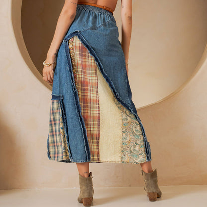 Young Threads - Western Boho Chic: Patch Inserted Denim Midi Skirt- New