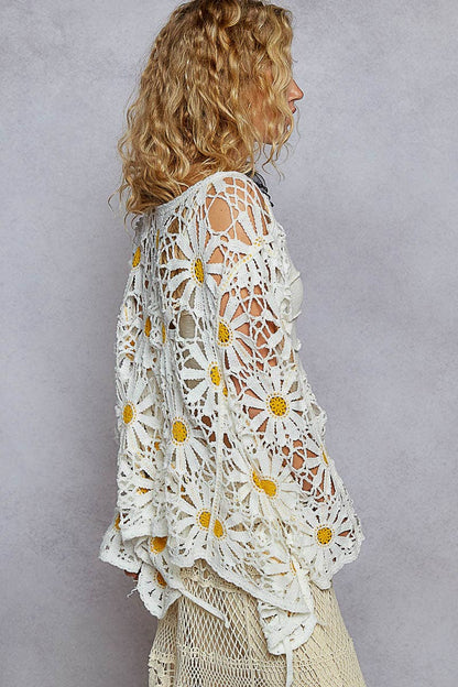 Pol Clothing - Long sleeve V neck crochet knit open cardigan