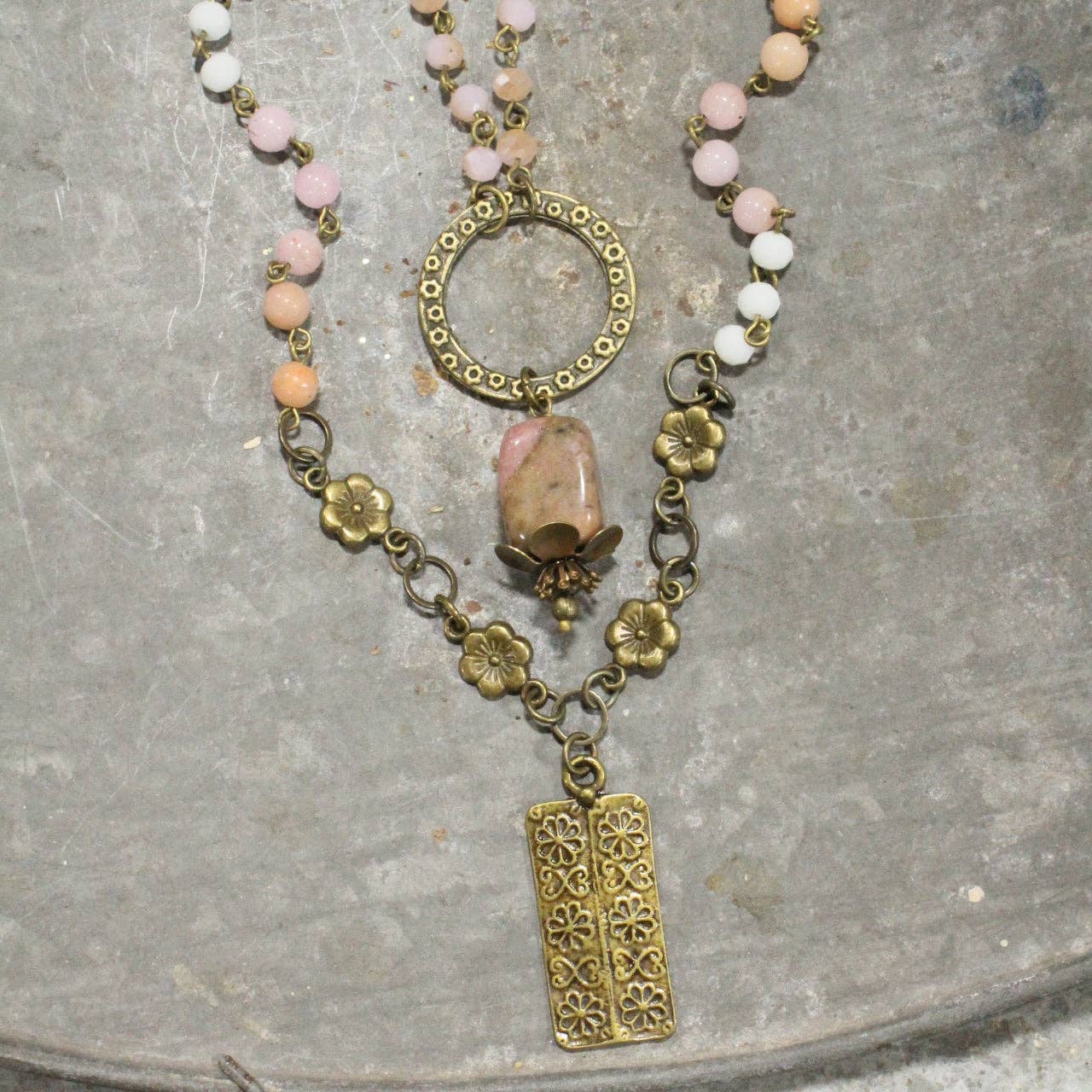 The Primitive Peddler, Inc. - Double Layered Blush &amp; Flower Pendant Necklace