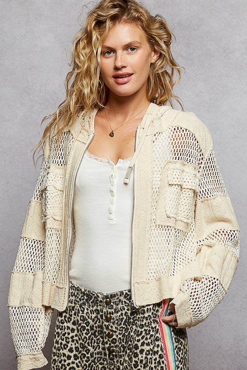 Pol Clothing - Balloon sleeve front pockets zipper front hoodie top