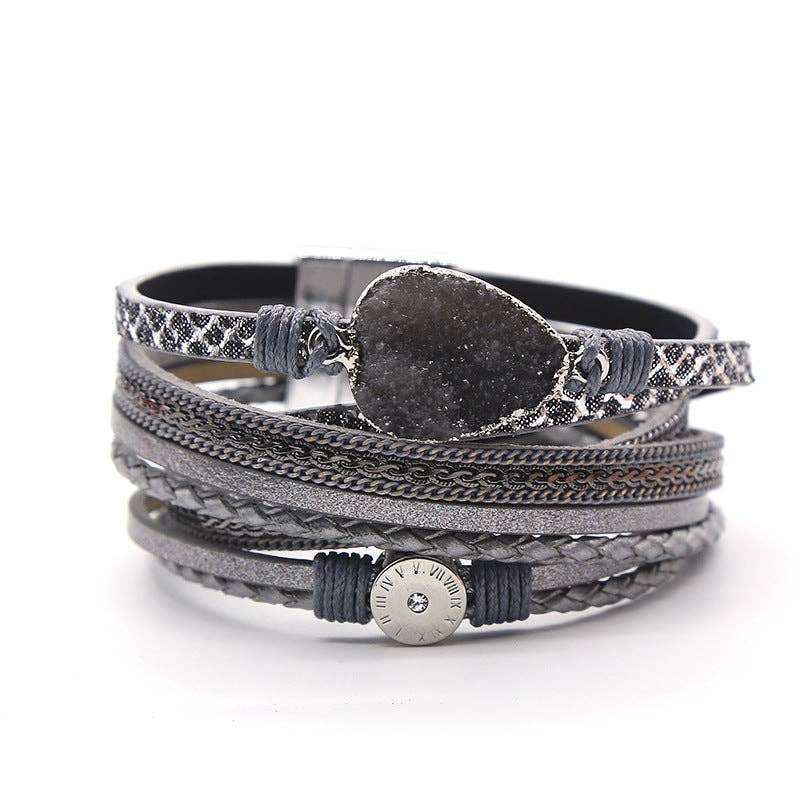 Mio Queena - Crystal Multi-Layer Leather Magnetic Snap Bracelet