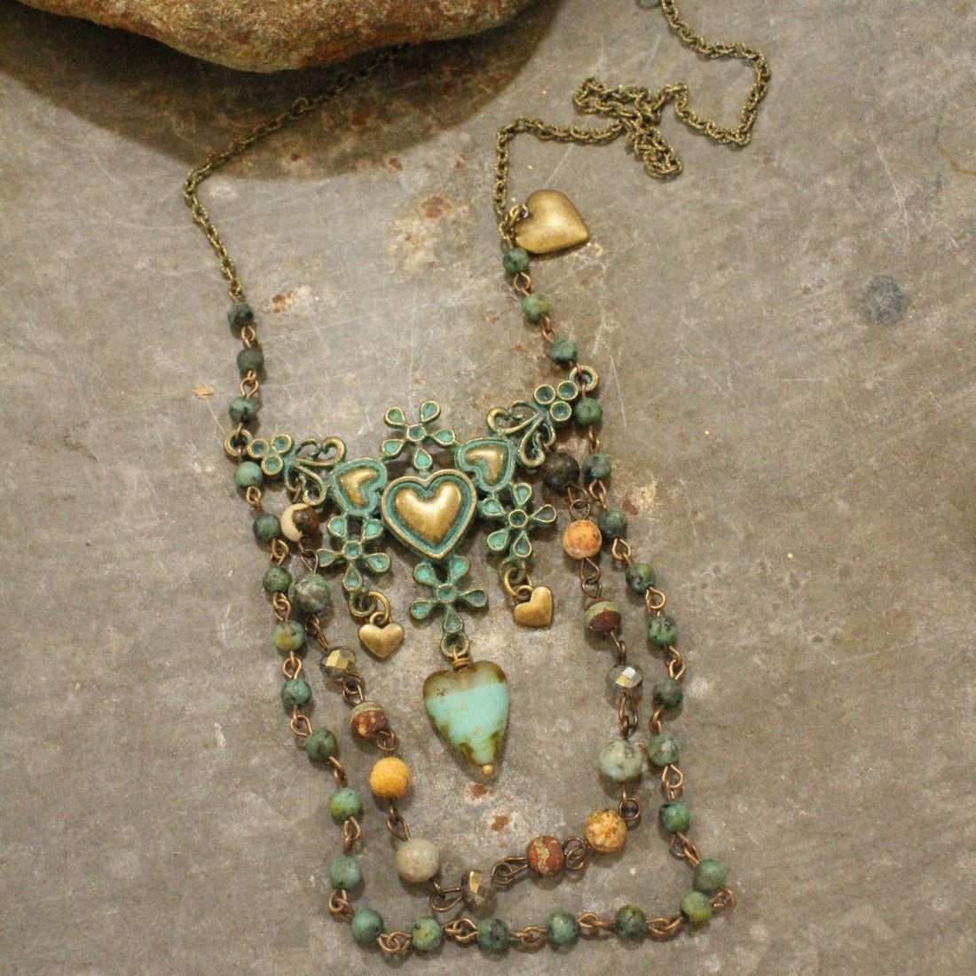 The Primitive Peddler, Inc. - Vintage Verdigris Bronze &amp; Czech Heart Layered Necklace