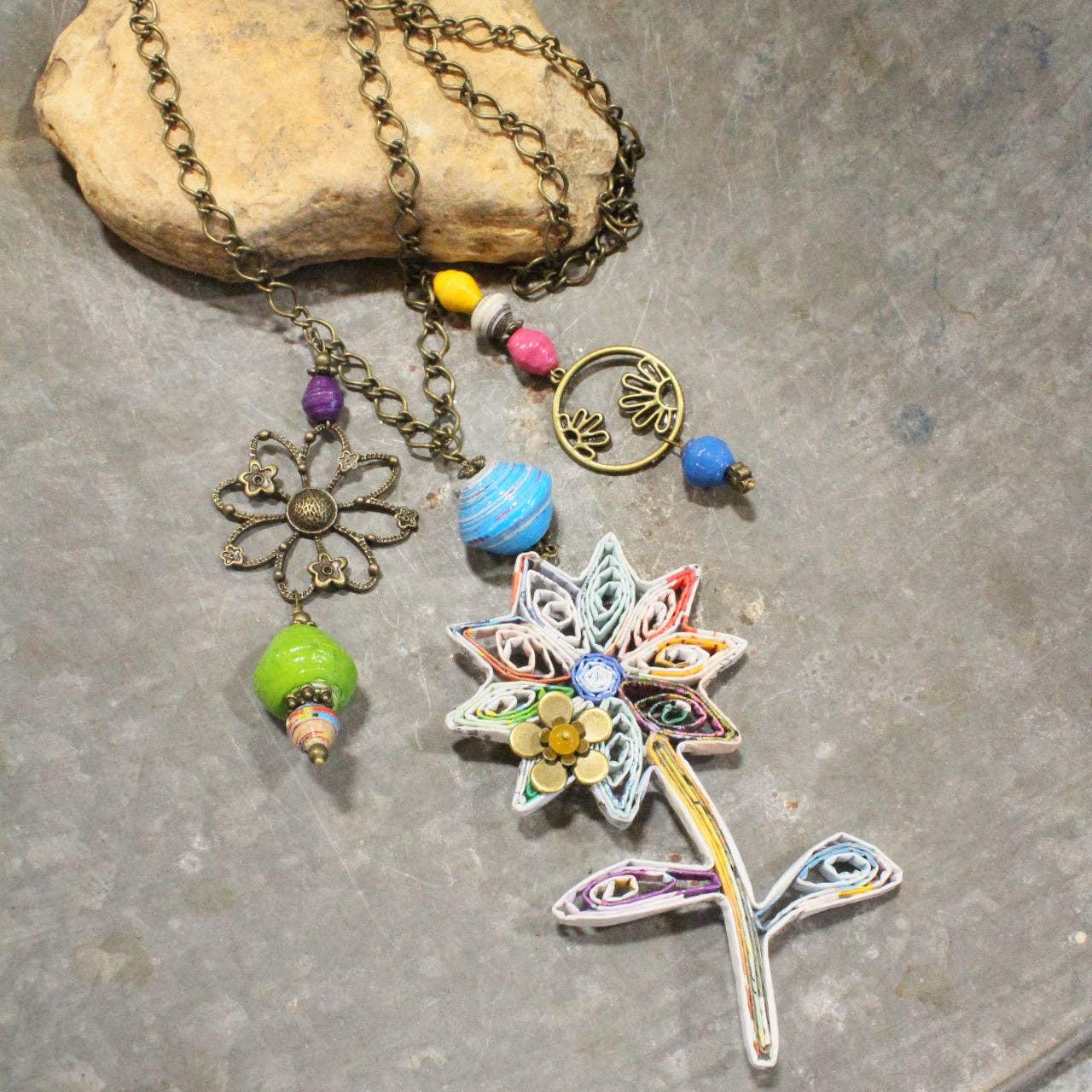 The Primitive Peddler, Inc. - Recycled Paper Flower Charming Necklace