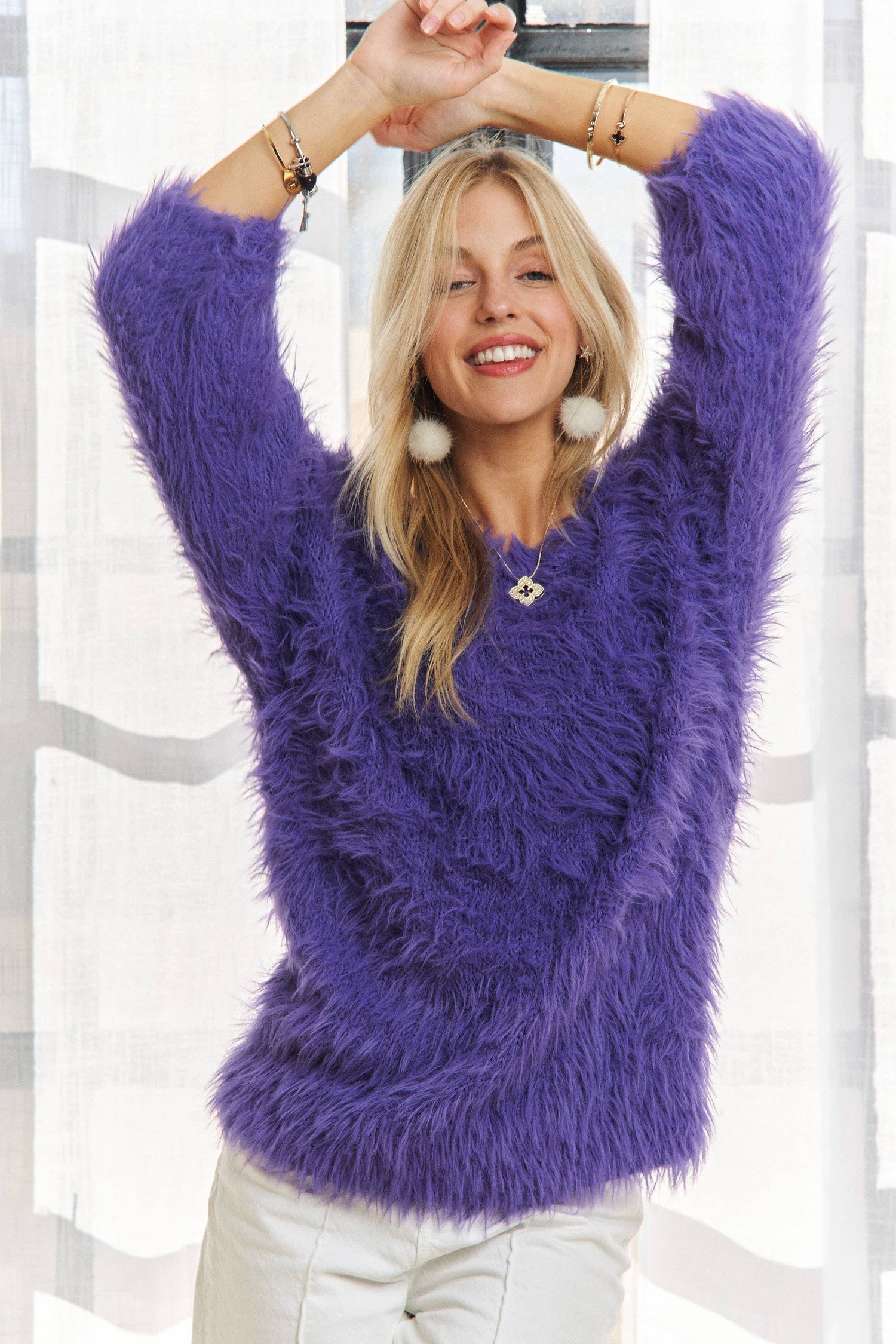 ADORA LA -  BOAT NECK SOFT FUZZY SWEATER TOP