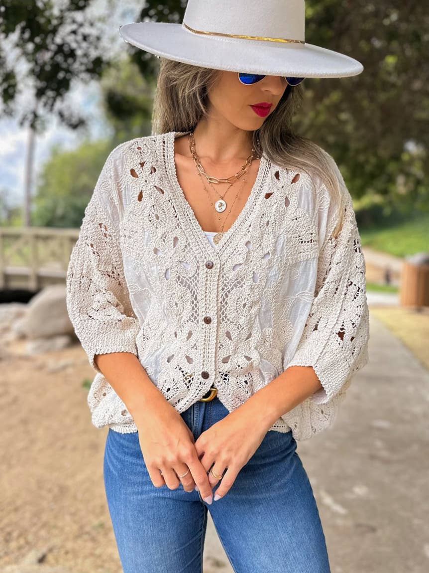 AMOLI - Ivory Boho Lace Detail Dolman Sleeve Button-Down Cardigan