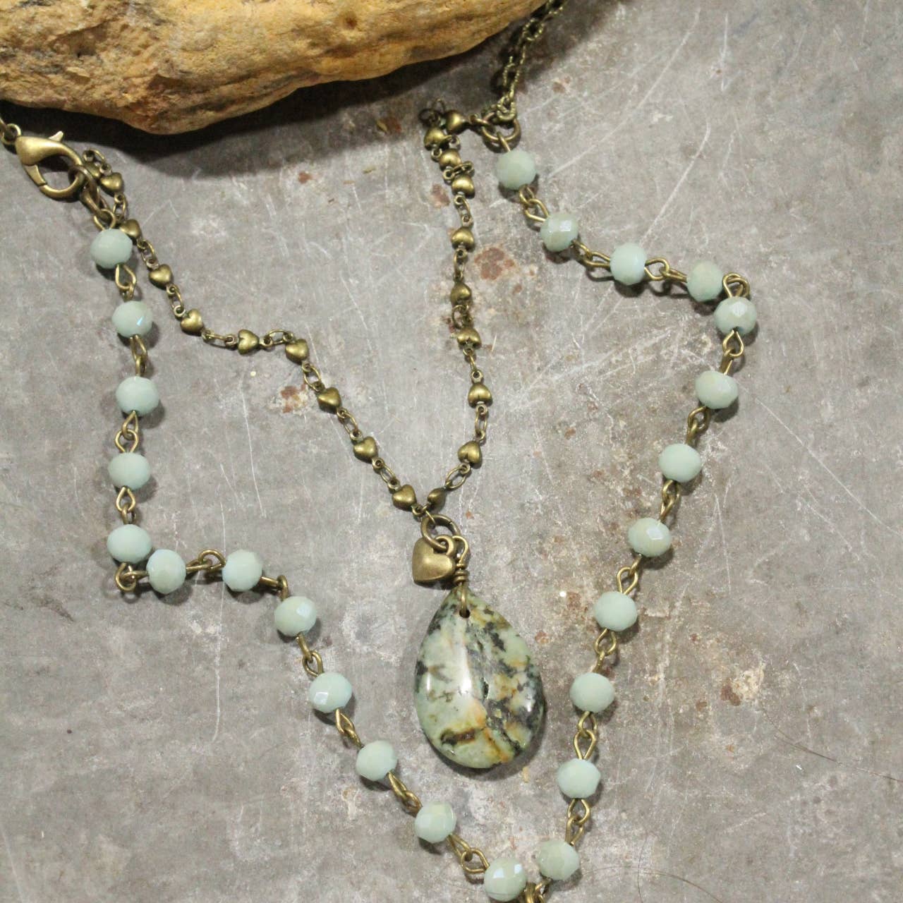 The Primitive Peddler, Inc. - Double Layered Stone &amp; Bronze Heart Drop Necklace