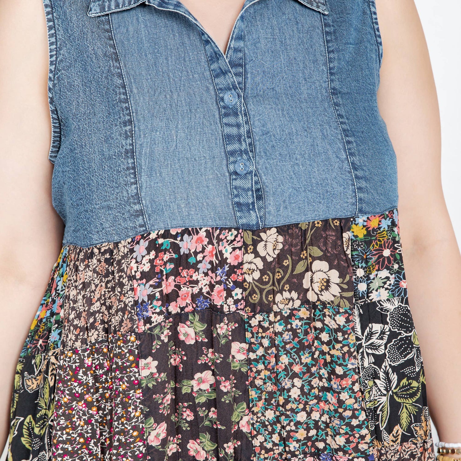 Young Threads - Rustic Summer Denim Short Dress with Print Patches