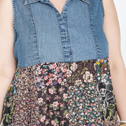 Young Threads - Rustic Summer Denim Short Dress with Print Patches