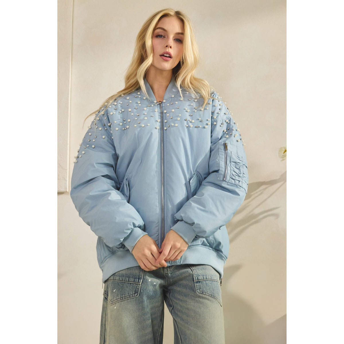 Veveret - Rhinestone Oversize Bomber Jacket