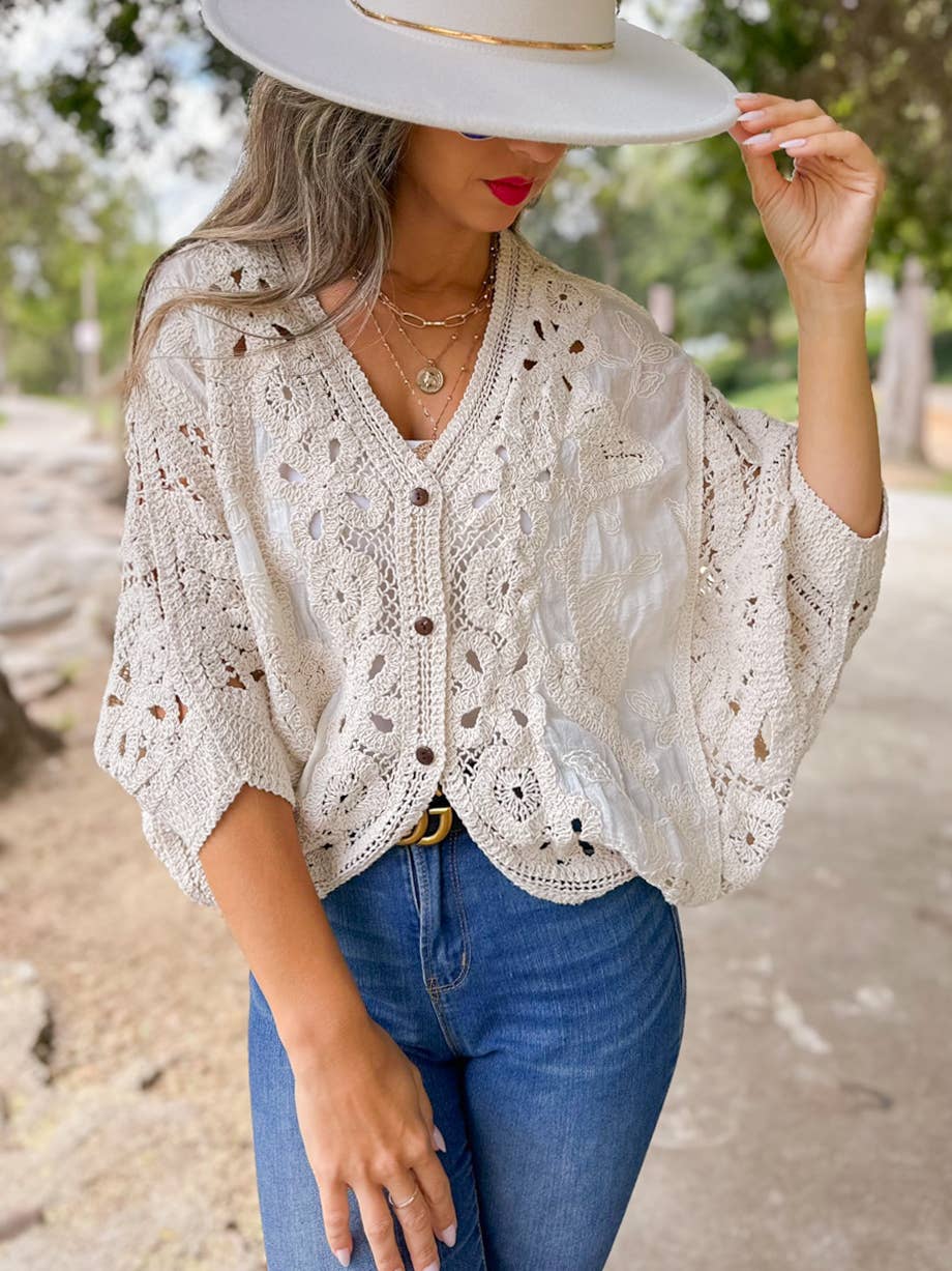 AMOLI - Ivory Boho Lace Detail Dolman Sleeve Button-Down Cardigan