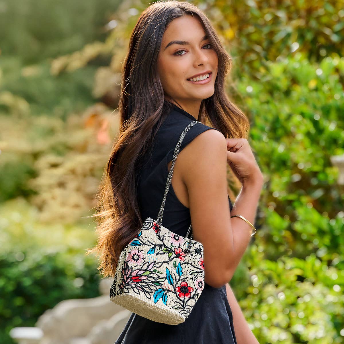 Mary Frances Accessories - Flower Child Crossbody/Shoulder Beaded Mini Bucket Handbag