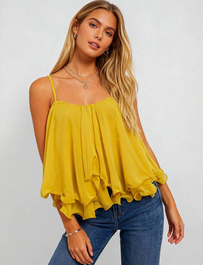 Sweetkama - Ladies Chiffon Square Neck Tiered Ruffle Cami Top