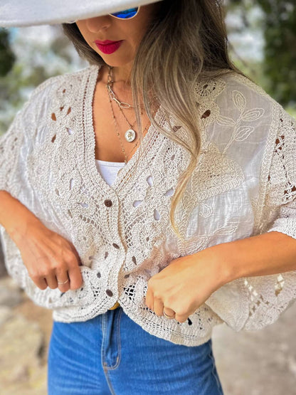 AMOLI - Ivory Boho Lace Detail Dolman Sleeve Button-Down Cardigan