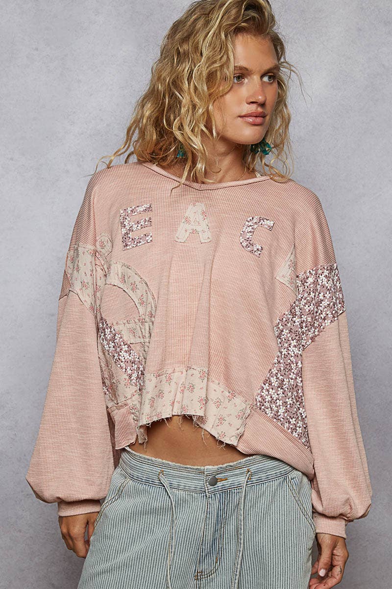 Pol Clothing - Long sleeve V-neck contrast PEACE letter top