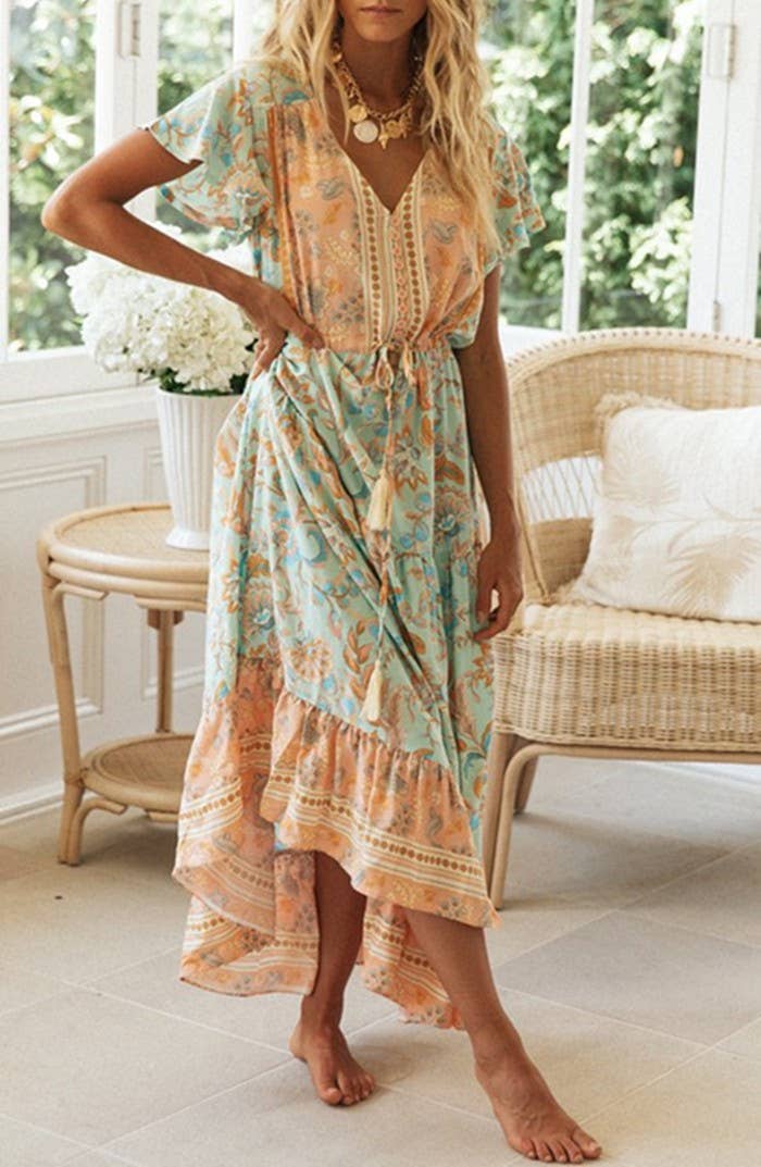  Bohemia Border Print Flutter Sleeve Maxi Dress