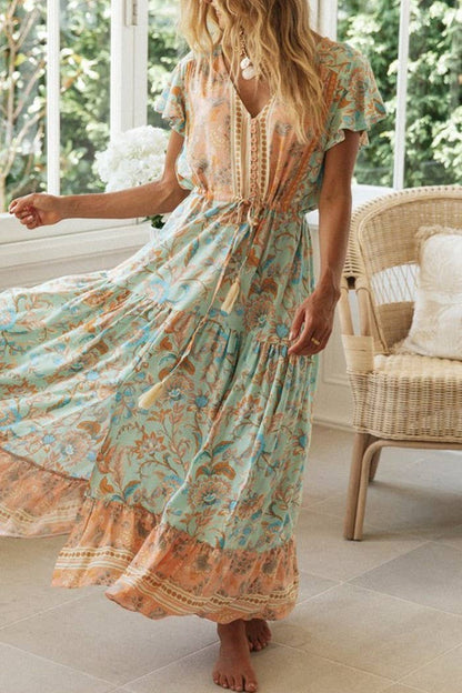  Bohemia Border Print Flutter Sleeve Maxi Dress