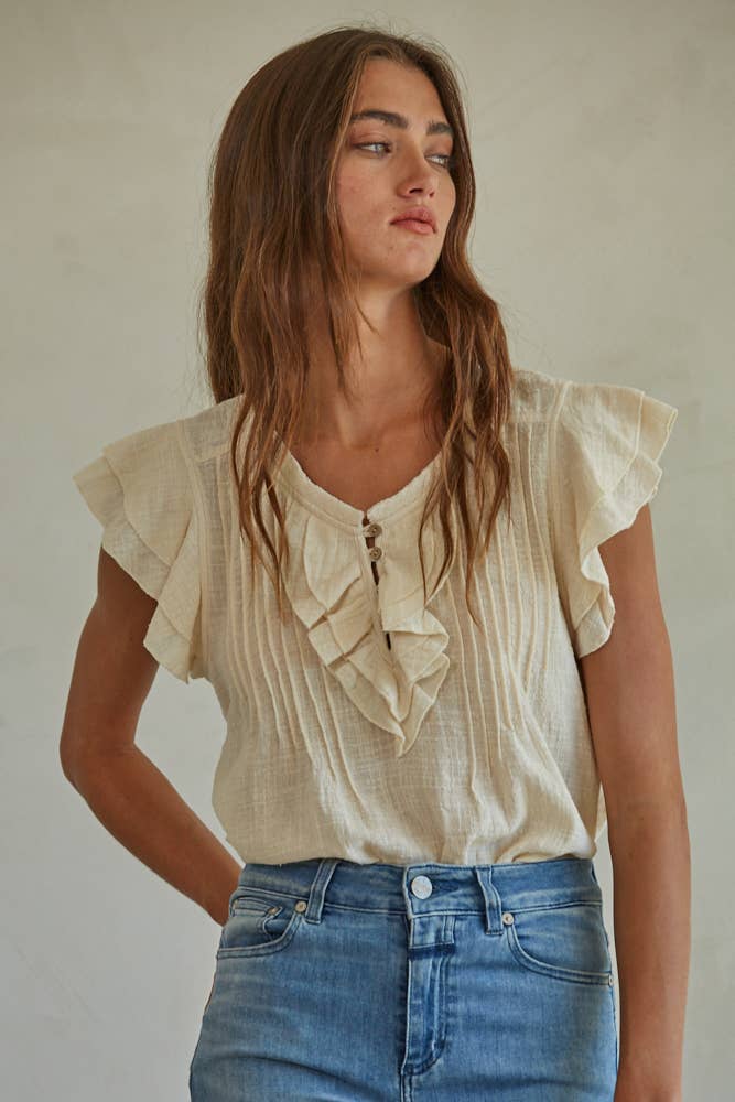 By Together - L6502 | Woven Cotton Linen Button V-Neck Short Sleeve Top