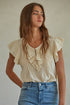By Together - L6502 | Woven Cotton Linen Button V-Neck Short Sleeve Top