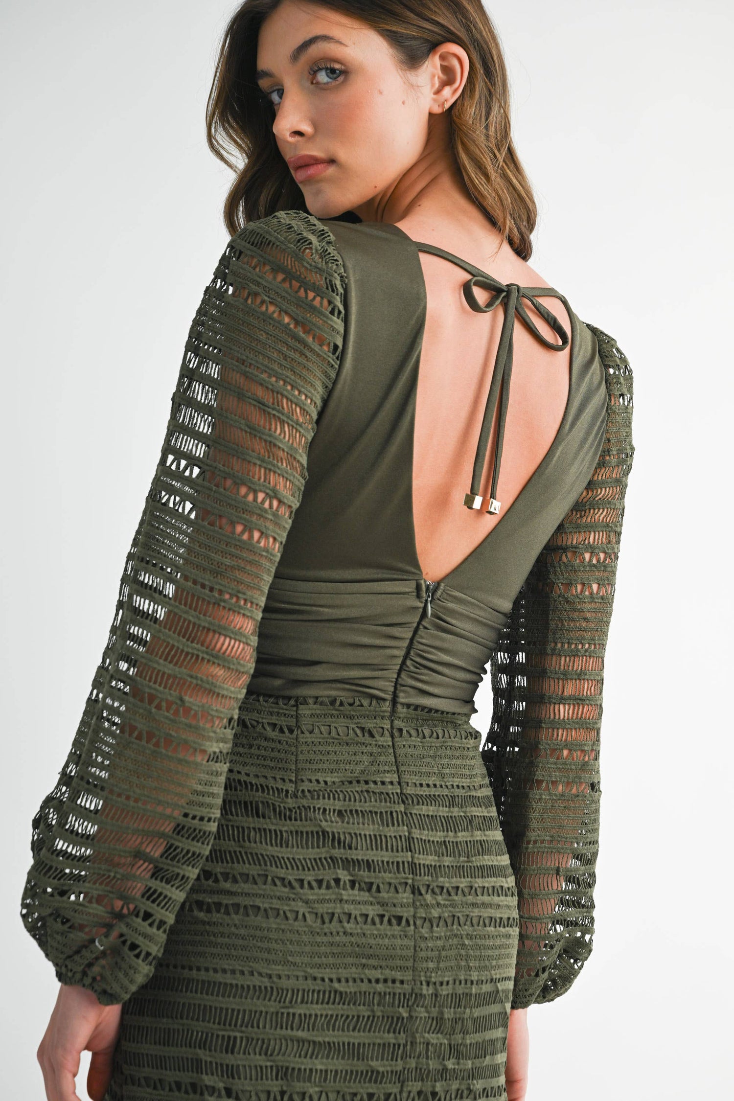 EB LUXE - RUFFLE HEM DEEP V NECK CROCHET WRAP MINI DRESS