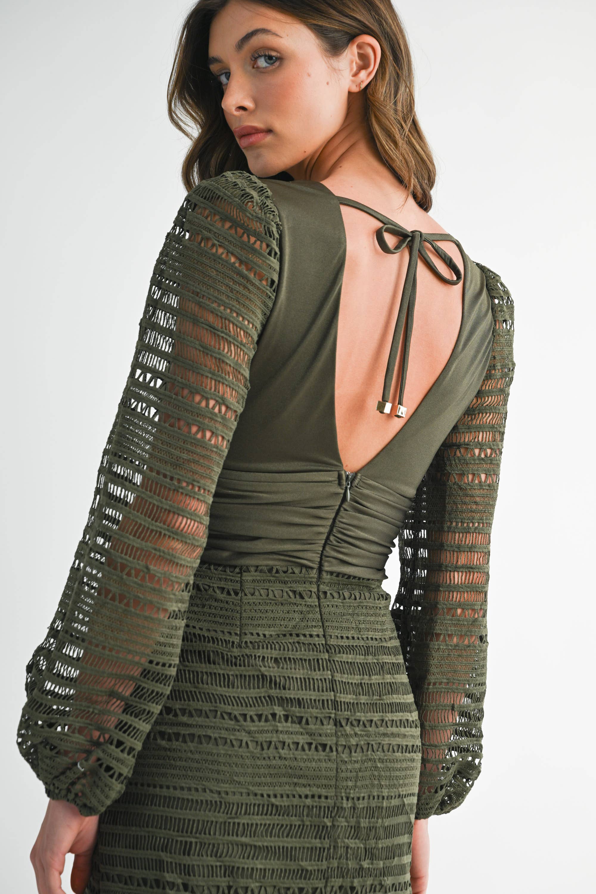 EB LUXE - RUFFLE HEM DEEP V NECK CROCHET WRAP MINI DRESS