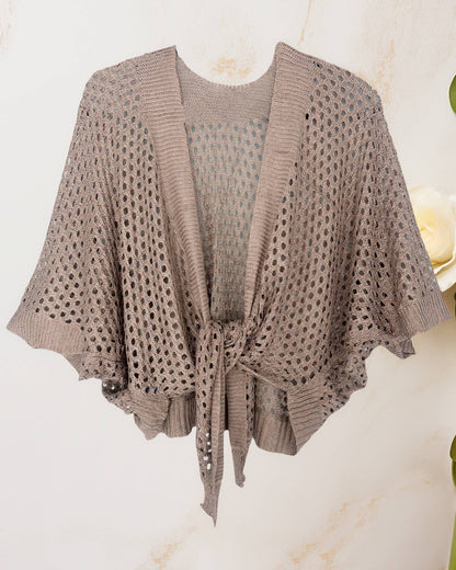 JC Sunny Fashion - Eyelet Open-Knit Metallic Cardigan with Front Tie