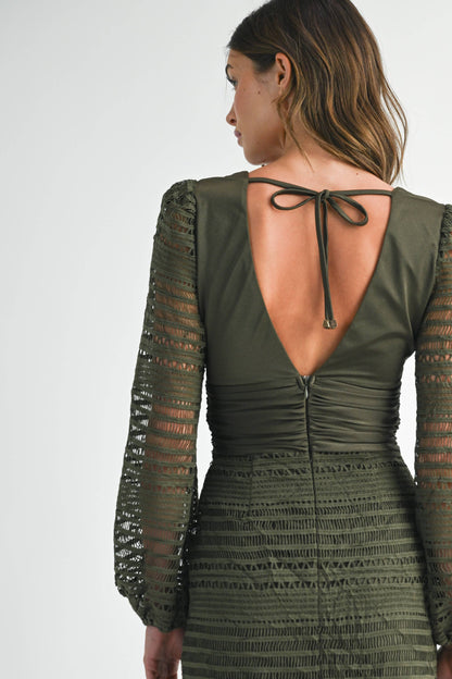 EB LUXE - RUFFLE HEM DEEP V NECK CROCHET WRAP MINI DRESS