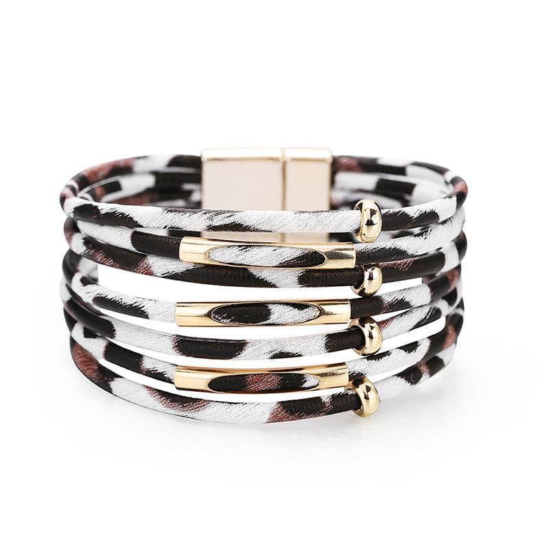 Mio Queena - Magnetic Buckle Leopard-Print Multilayer Beaded Bangle