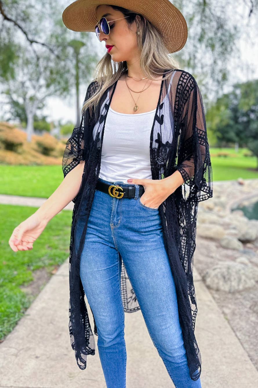 AMOLI - Black Boho Floral Lace Sheer Dressy Kimono Cover Up Cardigan