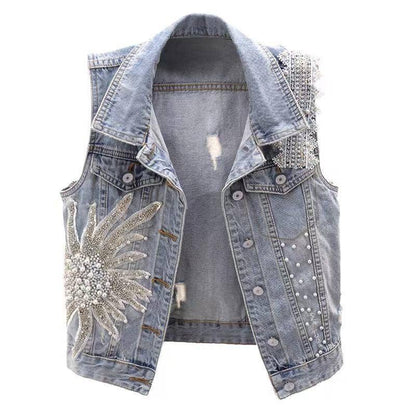 SALINA TRADING INC - Women Fashion Lace Beaded Denim Vest with POLO Collar