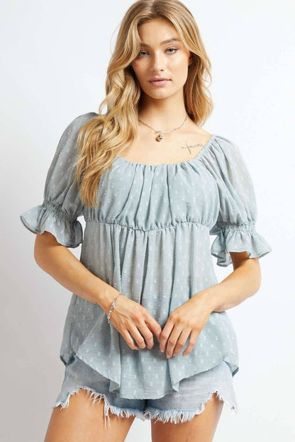 Davi &amp; Dani - POLKA DOT SMOCKED RUFFLE SHORT PUFF SLEEVE TOP: PLUS
