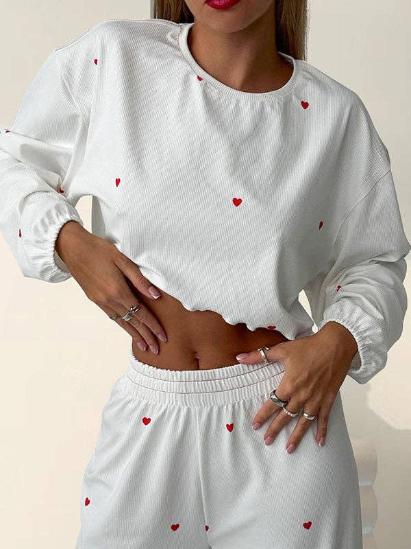 UZ Wholesale Store - High Waisted Long Sleeves Elasticity Heart Print See-Through Split-Joint Round-Neck Two Pieces Set