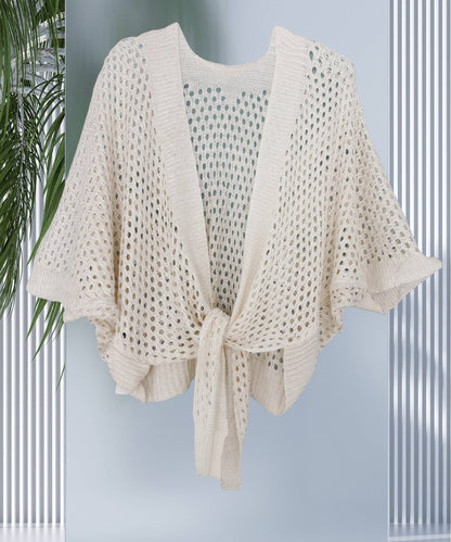JC Sunny Fashion - Eyelet Open-Knit Metallic Cardigan with Front Tie