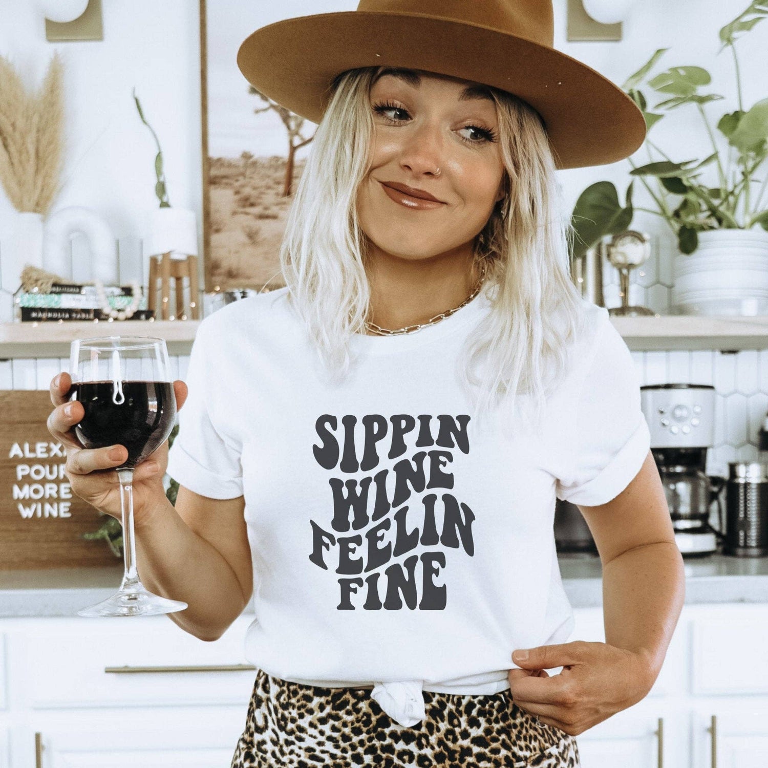 Trendznmore - Modern Graphic Apparel - Sippin Wine Feelin Fine Retro T-Shirt