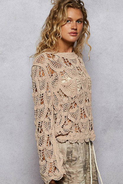 Pol Clothing - Round neck long sleeve solid crochet top