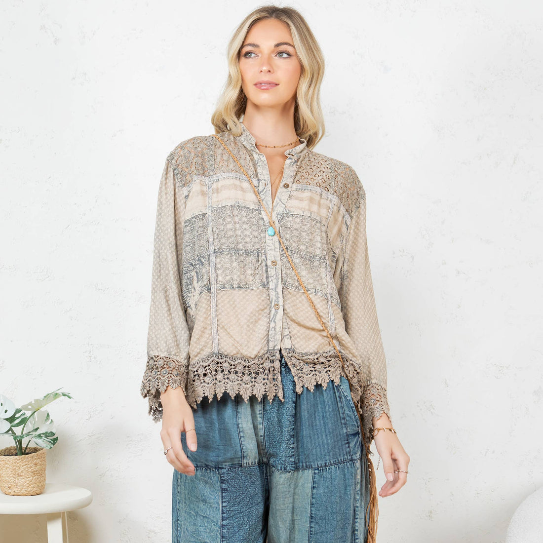 Young Threads - Chic Lace Patch Shacket with White Shell Buttons