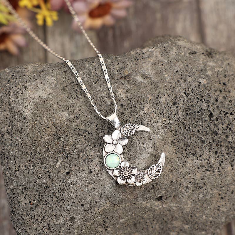 UNISHE - Bohemian Crescent Moon Floral Inlay Alloy Pendant