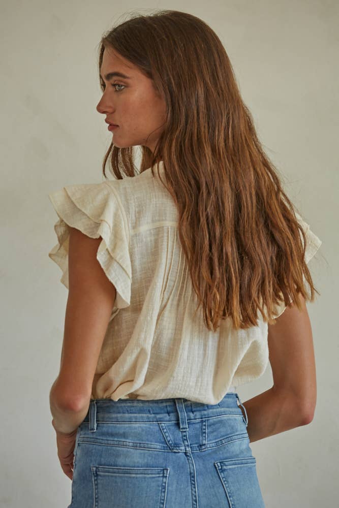 By Together - L6502 | Woven Cotton Linen Button V-Neck Short Sleeve Top