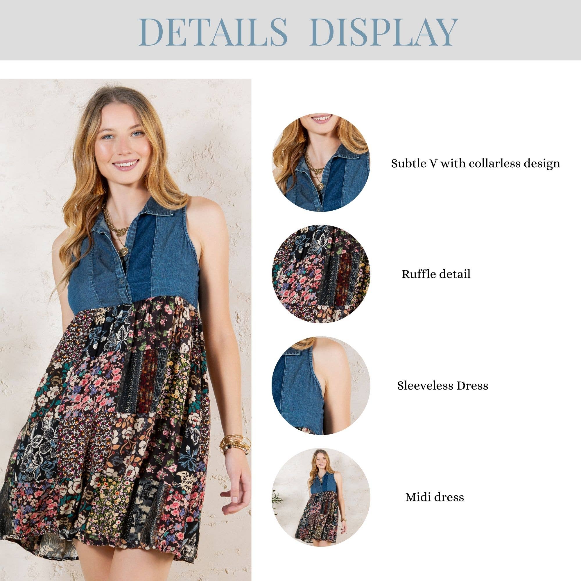 Young Threads - Rustic Summer Denim Short Dress with Print Patches
