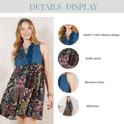 Young Threads - Rustic Summer Denim Short Dress with Print Patches