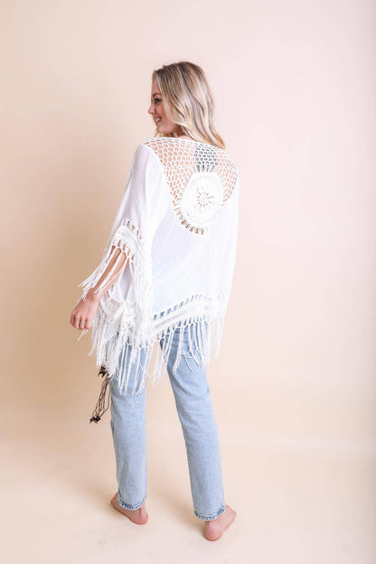 Leto Accessories - Festival-Ready Crochet Back Tasseled Kimono Jacket 