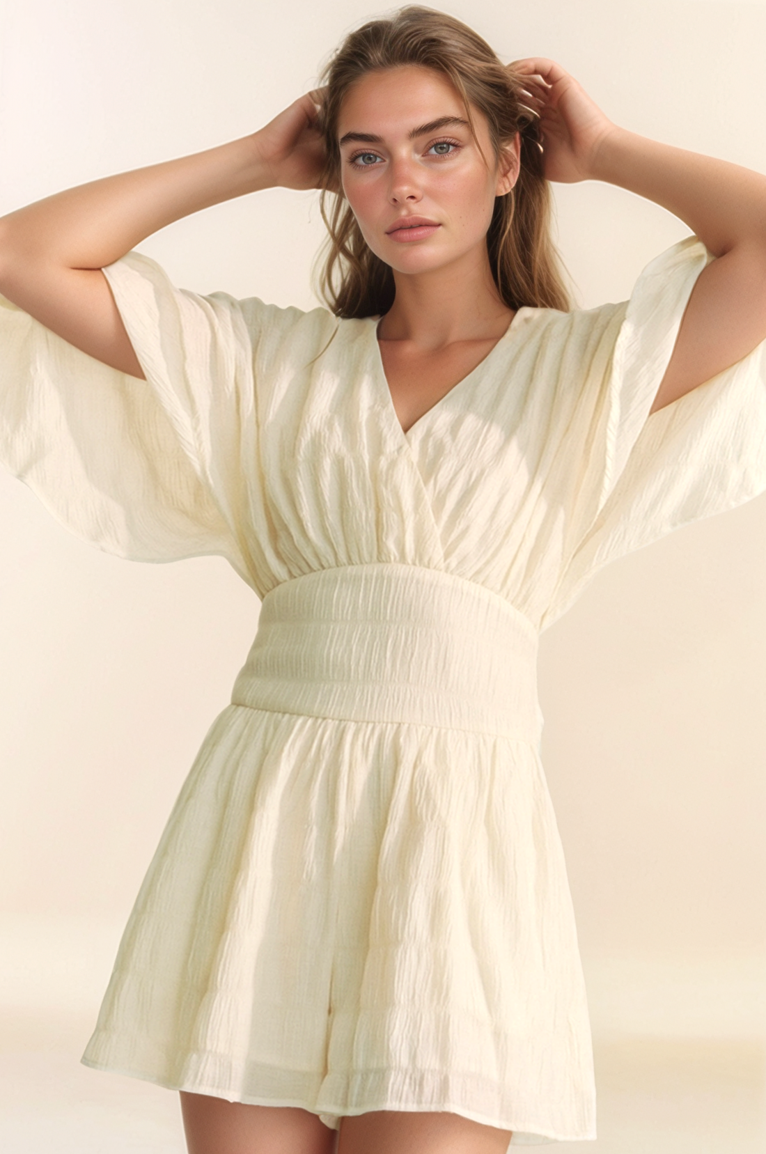 Davi &amp; Dani - BATWING SLEEVES SNAPE BUTTON UP WAISTBELT ROMPER