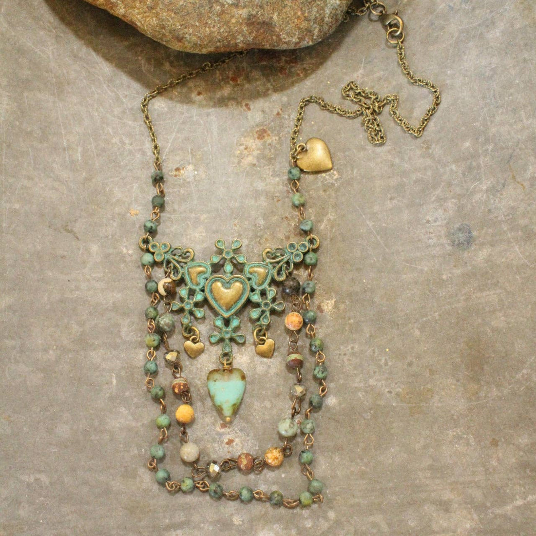 The Primitive Peddler, Inc. - Vintage Verdigris Bronze &amp; Czech Heart Layered Necklace