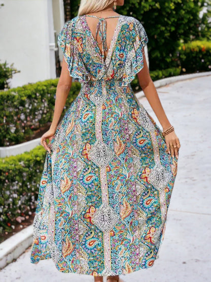 Anna Kaci Wholesale - Summer V-Neck Floral Chiffon Ruffle Sleeve Dress