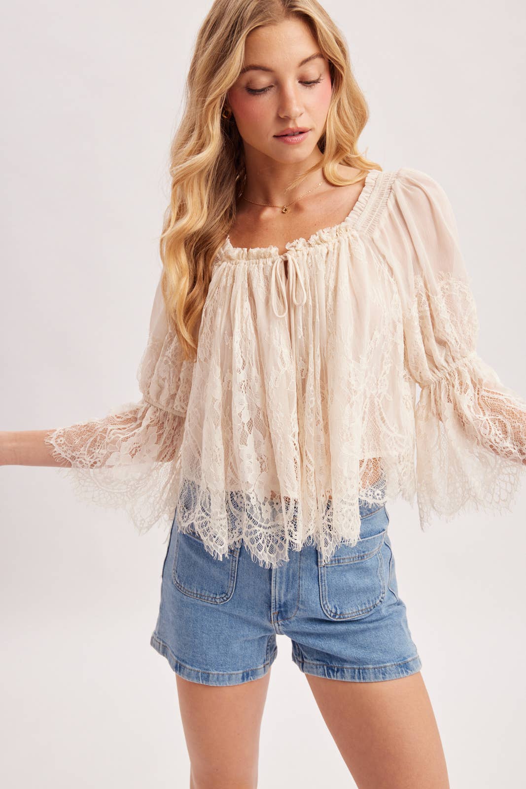 Bluivy - WIDE NECK RUFFLED EYELASH LACE BLOUSE - EASTER DAY