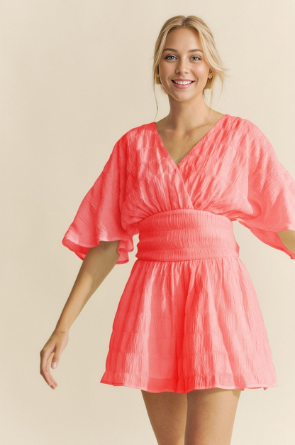 Davi &amp; Dani - BATWING SLEEVES SNAPE BUTTON UP WAISTBELT ROMPER